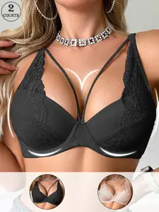 1/2/3 Pack / 3 colors Women's Lace Patch Deep V Push-Up Slim Bra with Underwire, Back Triple Hook, Adjustable Straps, Sizes 70B-90C, Skin-Friendly, Comfortable, Breathable Fabric, Suitable for Daily Wear / Dates / Commuting, Lace Women's Bra