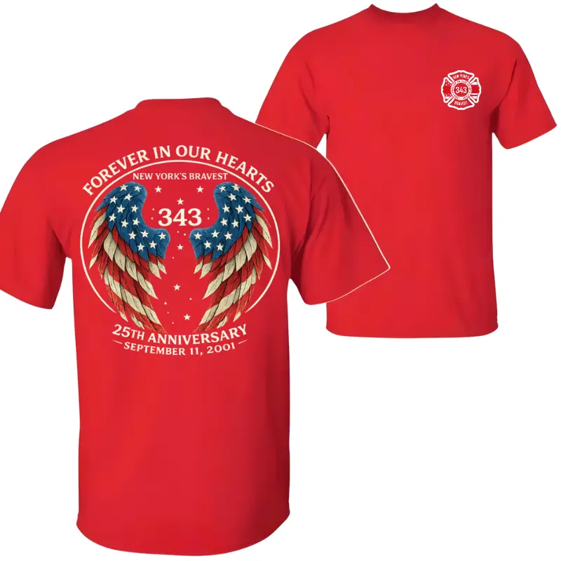 343 Forever In Our Hearts 25th Anniversary Shirt New York's Bravest Memorial Tee September 11 2001 Tribute T-Shirt Patriotic Firefighter Remembrance Graphic Unisex Cotton Crewneck Tee - Womenswear, Top