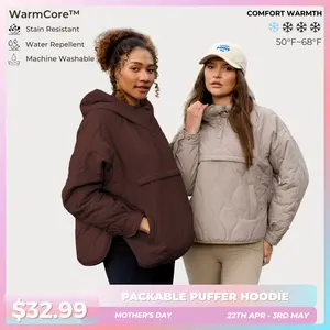 PUFFIT WarmCore Premium Women's Packable Baggy Fall Puffer Hoodie Coat Comfortable Quilted Lightweight & Warm Womenswear Water Repellent and Stain-Resistant Jacket Outerwear with Large Pocket,Plus Size Fit Spring,Dog Walking,School Running,Football Mum