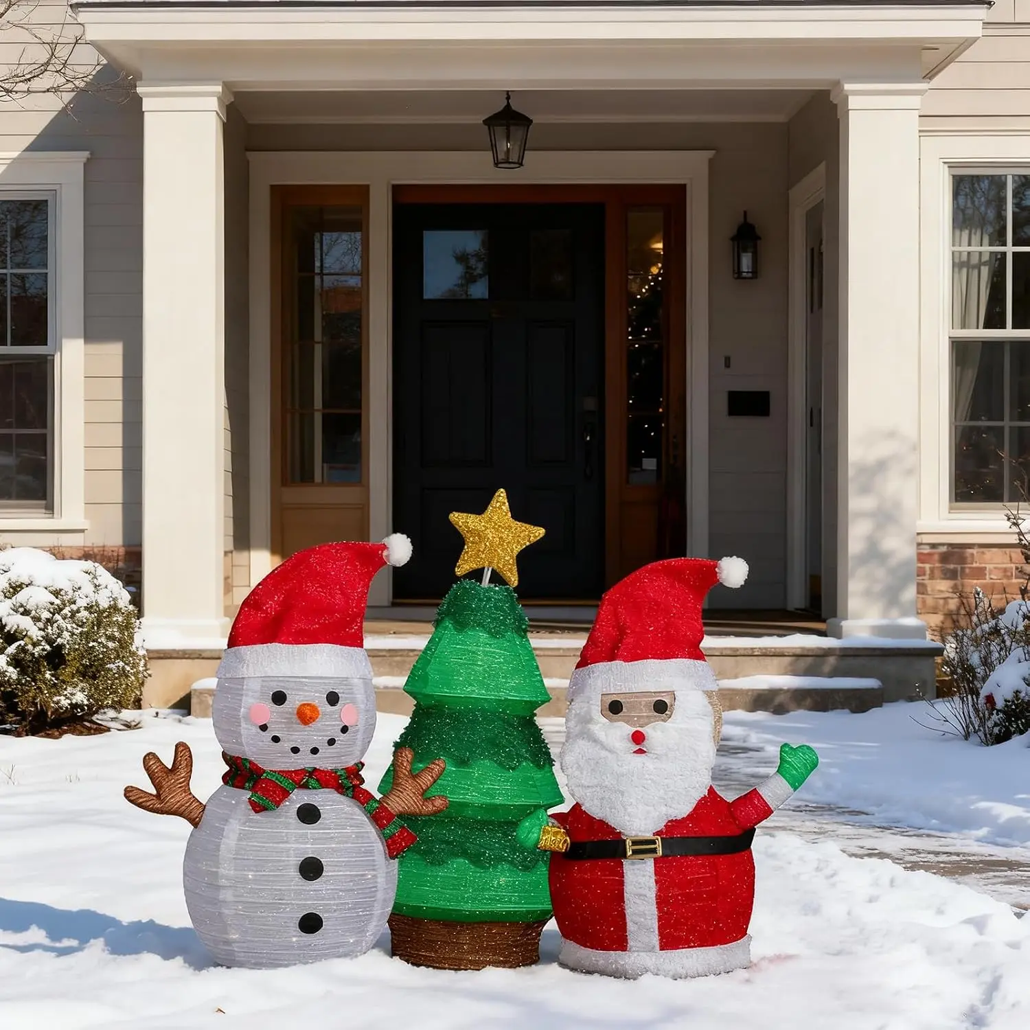 Ubesgoo Set of 3 Lighted Santa and Snowman and Xmas Tree Christmas Decorations, Pre-lit Pull Up Holiday Decor with 150 Warm White LED Lights for Xmas Outdoor Indoor Decor Lighted Holiday Displays