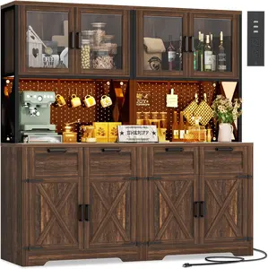 Unikito 71" Tall Kitchen Pantry Storage Cabinet with LED Light & Outlet, 63" Wide Kitchen Hutch Cabinet with Large Countertop, DIY Pegboard and Drawers, Food Pantry for Living Room,Weathered Brown