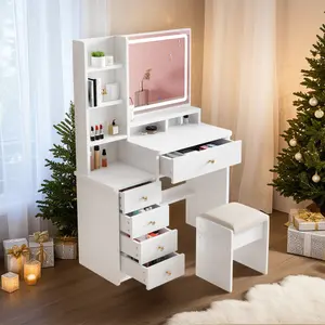Makeup Vanity, Vanity Desk with Mirror and Lights,Large Capacity Makeup Vanity with LED Lighted Mirror,Makeup Vanity Set 5 Drawers, Cushioned Stool and OpenShelves,White