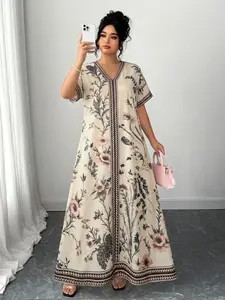 Plus Size Women's Casual V-Neck Loose Summer Elegant Chic Dress, Floral Print, Long Dress, Perfect for Daily Wear, Vacation, Holidays