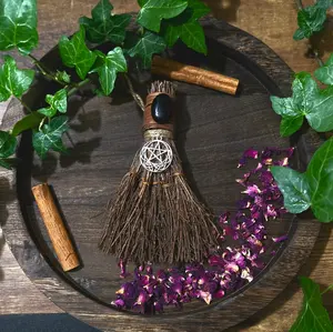 Celtic Pentacle Witch's Broom, Crystal Witchy Altar Besom with Black Onyx