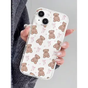1pc Cute Girl Style Bow Bear Full Print Airbag Anti-Slip Phone Case, Compatible With Iphone 11/12/13/14/15/16 Pro Max Waterproof Shockproof Anti-Fall Scratch Resistant
