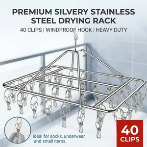 40-clip stainless steel drying rack, thickened sturdy windproof hanging clothes hanger, silver clip-style hanger for socks and underwear, durable laundry drying organizer, suitable for balcony and indoor use