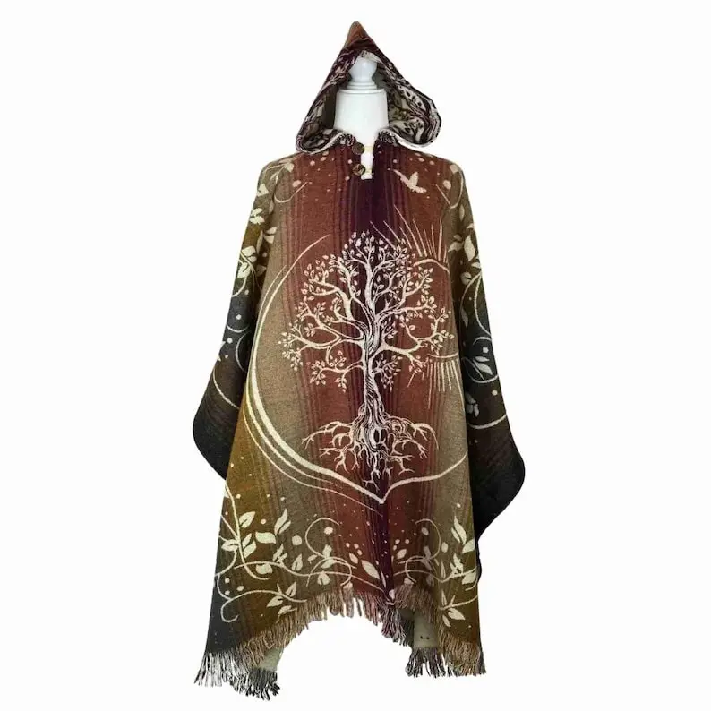 Tree of Life & Sun Warm Mens Alpaca Wool Poncho Hoodie - Hooded Cape - Hippie Poncho - Poncho Women - Earthy Colors and Mud Brown