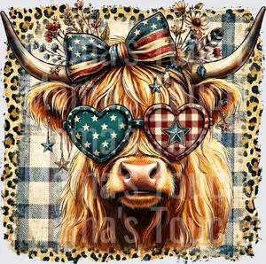 Patriotic Highland Cow with American Flag Heart Sunglasses and Bow