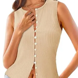 Tankaneo Womens Going Out Tops Summer Cute Ribbed Tank Crop Button Up Vest Top Y2K Sexy Outfits