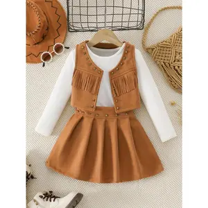 Western cowboy style girls' three-piece set: studded fringe vest + white T-shirt + studded pleated skirt, suitable for various parties, an ideal choice for spring and autumn wear