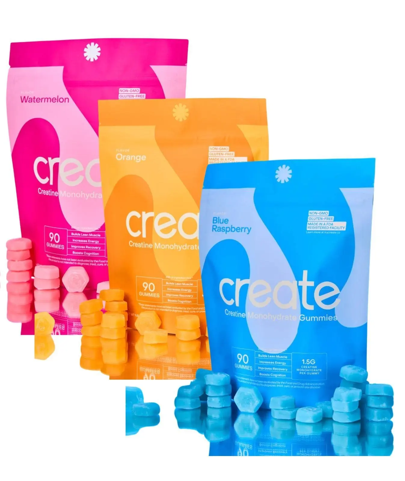 Edible Natural Creatine Monohydrate Chewable Gummy Healthcare Supplements, 3-Pack (90 Count Each) - Blue Raspberry, Orange, Watermelon Flavors, 1.5g Creatine per Serving, Adult Fitness Muscle Building & Recovery Support