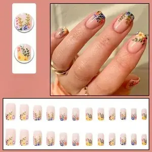 | Shengning Nail | 24pcs Short Oval Fake Nails | Natural Nude Glossy Finish with Subtle Floral Accents | Easy to Apply, Comfortable Fit & Long-Lasting Hold | Perfect for Daily , Business Settings & Elegant Spring-Themed EventsSpring Floral Press-On Nails
