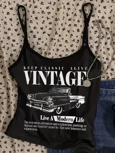 Women's Strapless Vest Top, Graphic Tank Top, Jersey Material, Lightweight, Breathable, Thin Straps, Vintage Style, Graphic Print, Casual Fashion, All Seasons, Womenswear