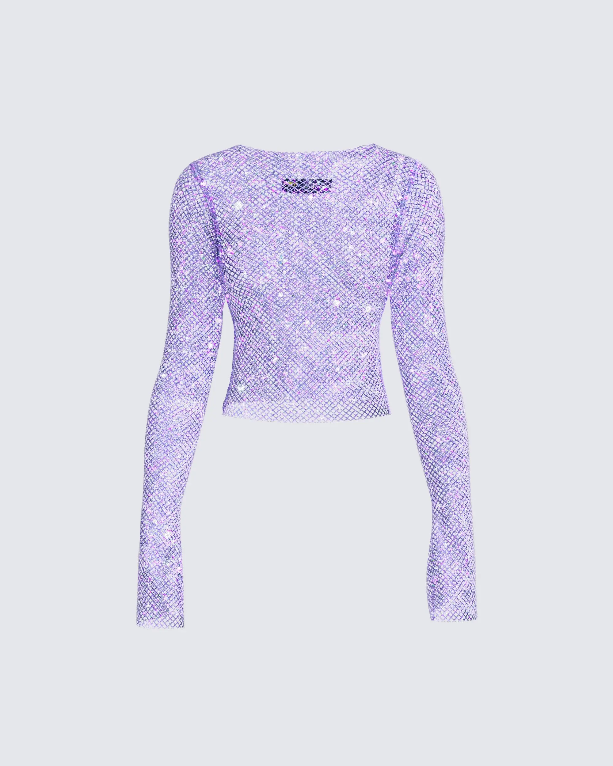 Women's Lavender Rhinestone Fishnet Top, Sheer Long Sleeve Cropped Cut with a Glamorous Look for an Evening Out, Longsleeves, Fishnet Stretch
