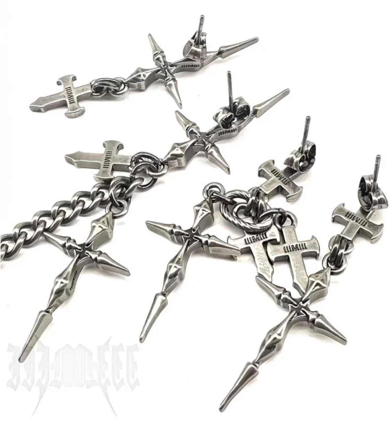 Gothic Punk Double Cross Chain Earrings Dark Cool Metal Piercing Jewelry for Gothic and Punk Fashion Enthusiasts Unique Edgy Look gifts