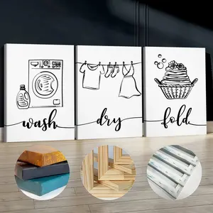 3Pcs Wooden Framed Canvas Painting, Laundry Room Wash Dry Fold Sketch Images, Exquisite Poster, Home Decoration, Pattern Wall Art Decor, For Living Room, Bedroom, Office, Restaurant, Bar Wall Decor, Odorless, Painting, Print Artwork.