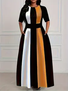 Elegant Slim-Fit Color-Block Long Dress, Stylish Chic Short Sleeve Maxi Dress, Perfect for Casual & Party Wear, Women's Fashion Clothing