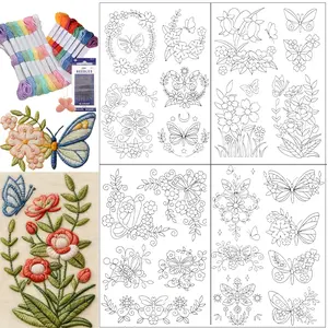22Pcs Butterfly With Plant Pre-Printed Floral Embroidery Patterns, Creative Craft Kit, Crafting Kit, Dissolvable Water-Soluble Stabilizer, Non-Woven Self-Stick Embroidery Stickers