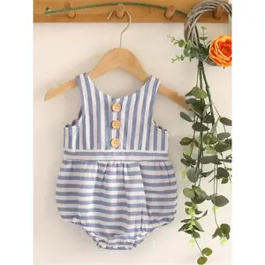 Summer Baby Blue Striped Sleeveless Onesie, Breathable Jumpsuit for Girls, Baby Girl Clothes, Classic Stripe Design, Wooden Buttons Decor, Romper