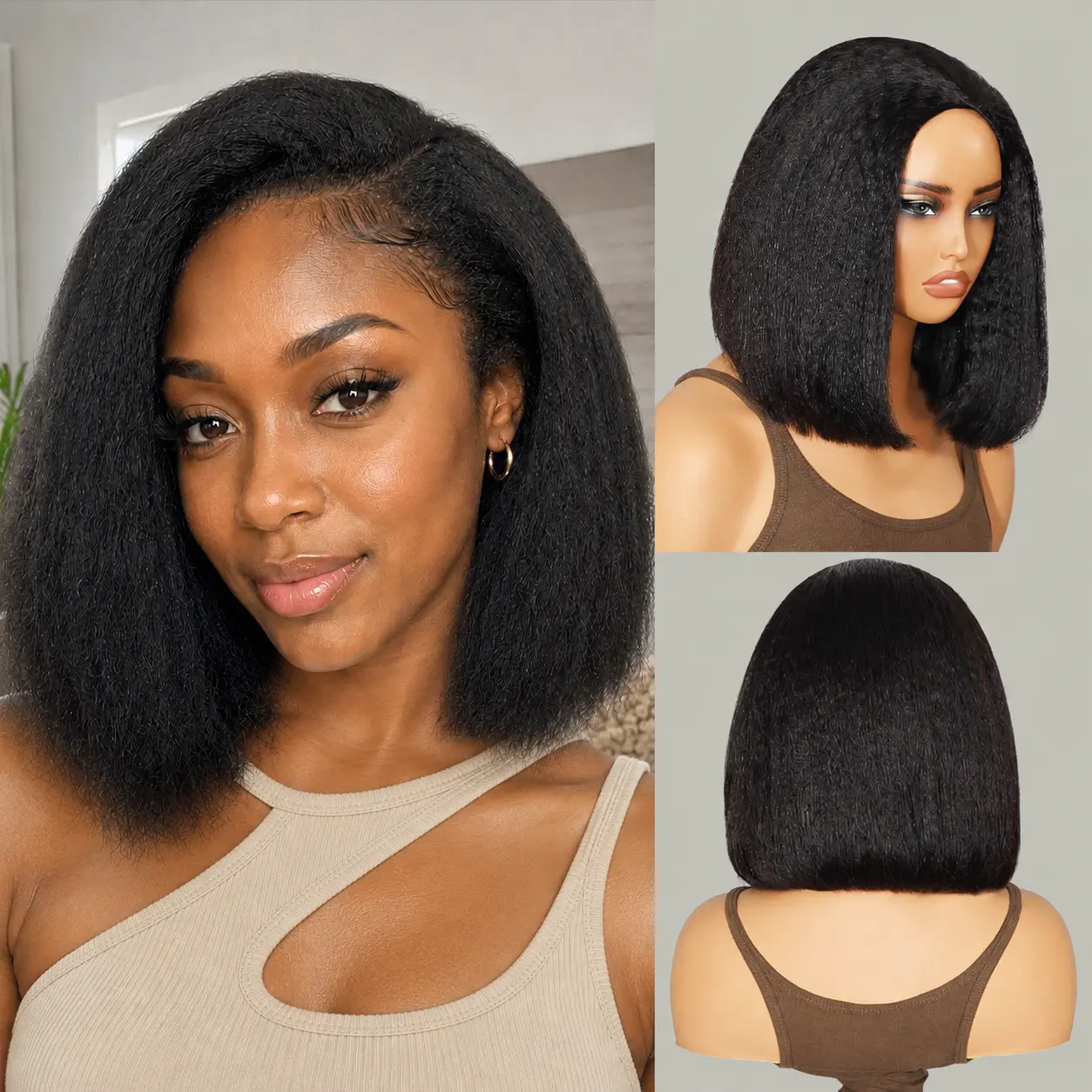 Mscoco 3 IN 1 Kinky Straight Bob Half Wig Natural Blowout Flip Over Install Glueless Beginner-Friendly With Drawstring Half wig #DealsForYouDays