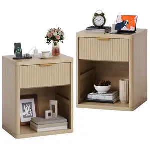 Set of 2 Fluted bedside tables with Charging Station – 2 Drawers, Open Storage, Metal Handles, Rounded Corners – Mid-Century Bedside Tables for Bedroom, Living Room, Nursery