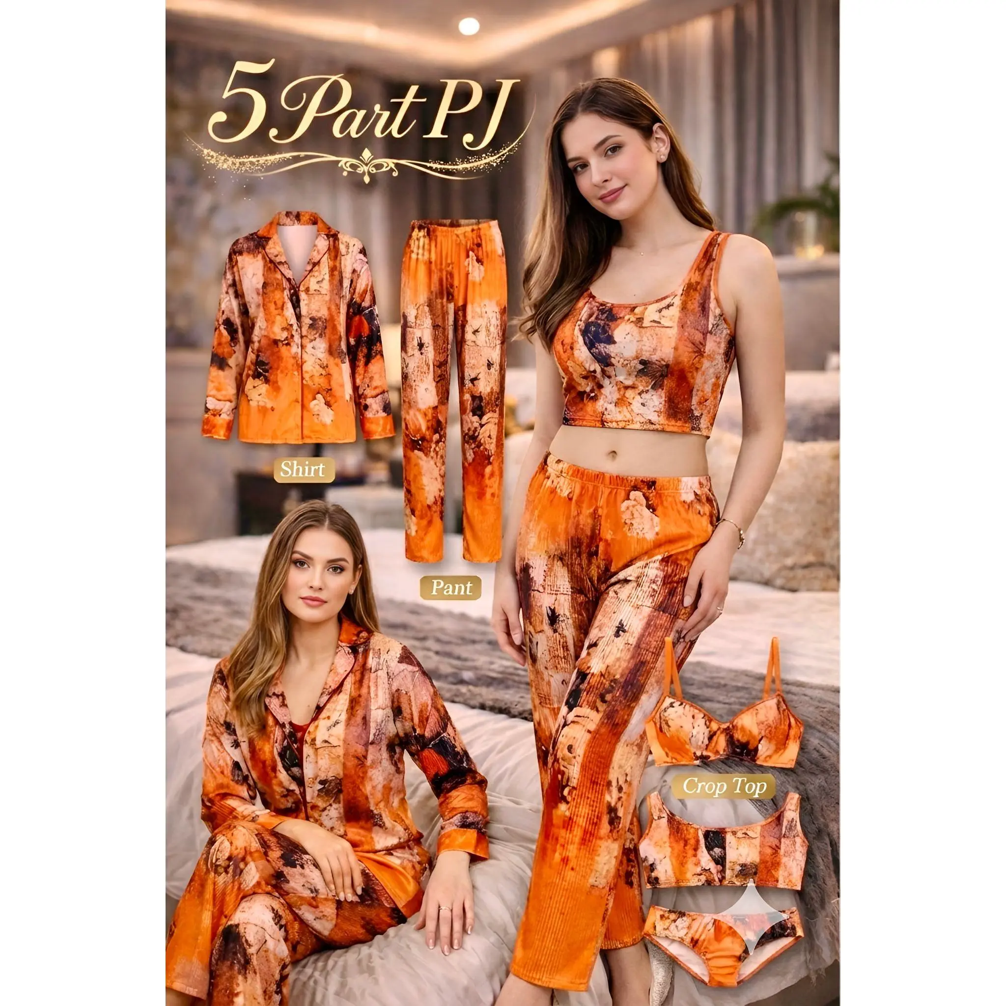 Orange Abstract Digital Print 5 Piece PJ Set – Women Premium Sleepwear XL XXL
