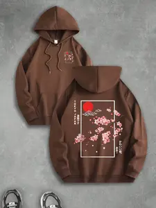 Men's Casual Long Sleeve Fitted Hooded Sweatshirt, Tokyo Cherry Blossom Theme, Floral Sakura Pattern Print, Kangaroo Pocket Drawstring, Fall & Winter Streetwear Tops