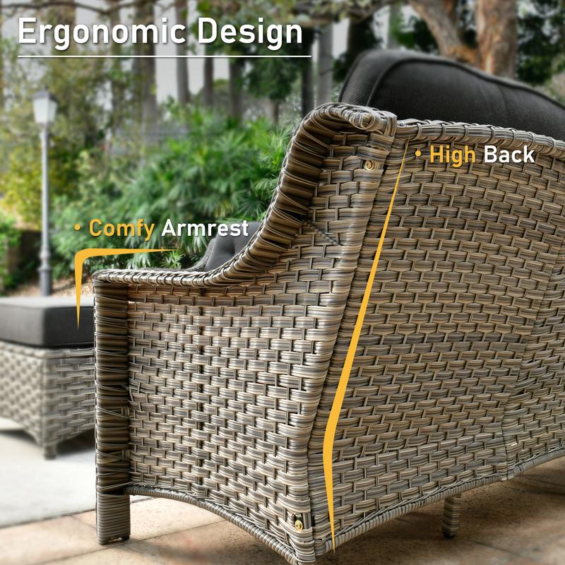 【4 Packages Shipping】Ovios 5 Pieces Outdoor Patio Furniture with 3-Seat Sofa,Rattan Wicker Coversation Set with Swivel Rocking Chair,Balcony Sofa Set with Shiny Solar Powered Coffee Table for Outside Porch Backyard PooL