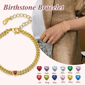 FindChic Dainty Heart Shape Cuban Chain Bracelets with 12 Month Birthstone Summer Jewelry for Women Girls Crystals Bracelet Chunky Curb Wrist Link for Birthday Gifts with Gift Box