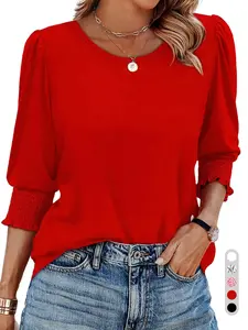 Women's 3/4 Length Sleeve Top, Round Neck Design, Casual & Loose Fit, All Season Wear, Perfect for Everyday