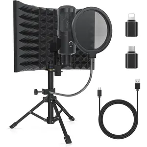 Studio Recording Microphone Isolation Shield with Pop Filter and Metal Tripod Stand, Studio Mic to PC Laptop Smartphone,  Microphone for Recording Singing Podcasting