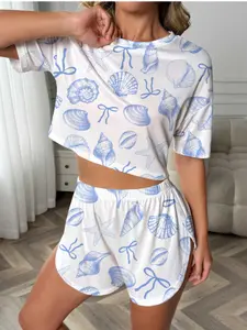 Women's 2-Piece Sleepwear Set, Ocean Elements, Shell Bow Print, Casual Comfortable Round Neck Short Sleeve Top and Shorts
