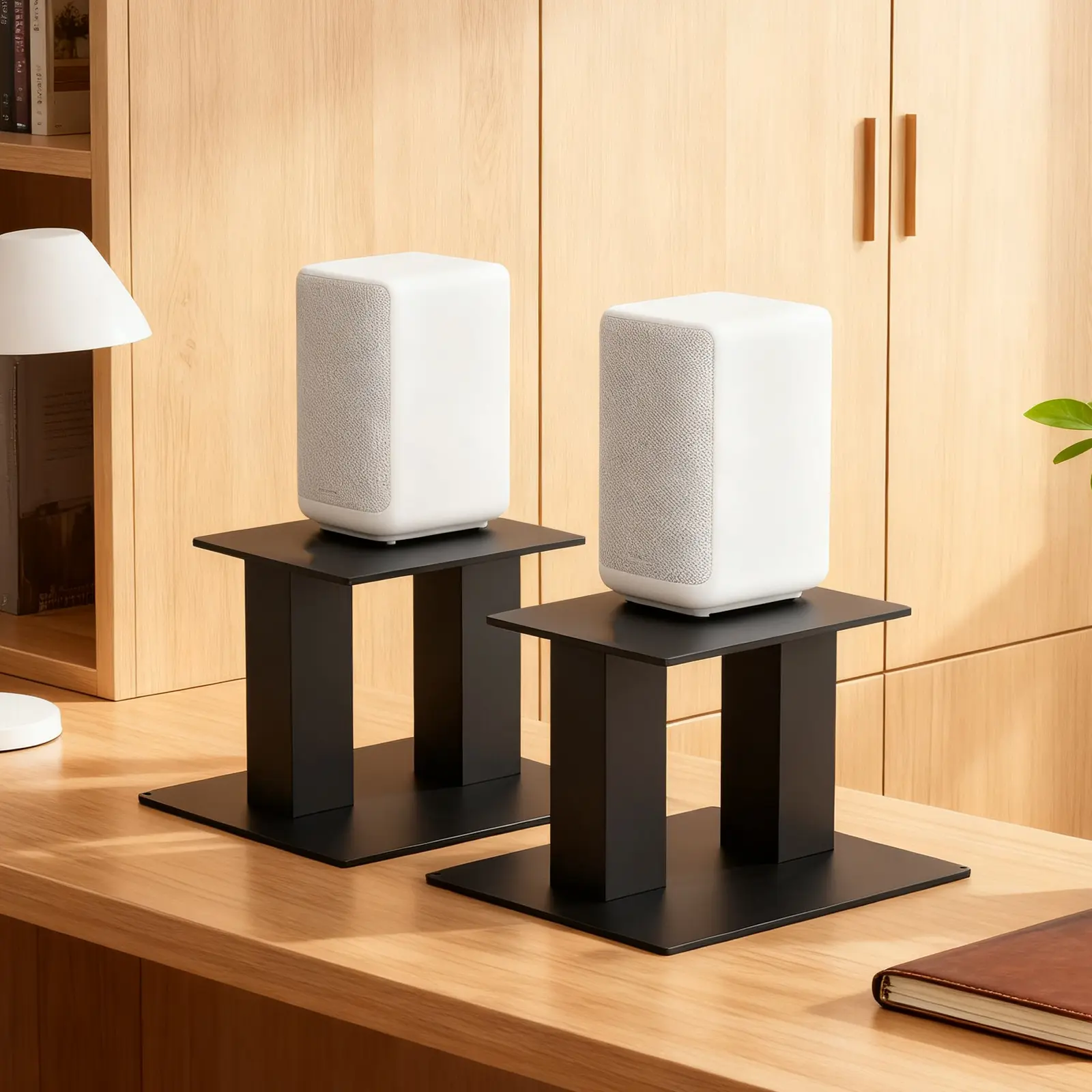 2pcs Metal Steel Tabletop Speaker Stands (24*21*25cm Iron) with Rubber Vibration Damps, 25Lb Capacity Universal Fit Audio Accessories for Small/Medium Bookshelf Speakers & Studio Monitors, Audiophiles’ Enhanced Listening Experience Essentials, Desktop Mon