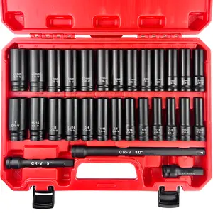 29pcs 1/2" Socket Set, Drive Deep Impact Socket Set, Including 3 ", 5", 10" Impact Extension Bar, Standard SAE (3/8 "- 1") and Metric (10mm-24mm), Cr-V Steel #TikTokShopBacktoSchool