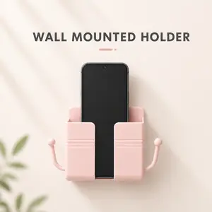 Pink-Self-Adhesive Wall-Mounted Phone Holder & Remote Control Organizer — No-Drill, Multifunctional Wall Storage Rack. Ideal for Bedrooms, Bathrooms, and Kitchens; Holds Mobile Phones (including while charging), TV/AC Remotes, Glasses, and Keys.