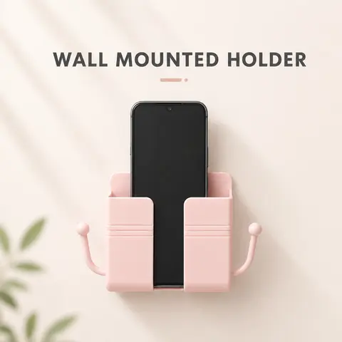 Premium Thickened ABS Material Pink Self-Adhesive Wall-Mounted Phone Caddy & Double Compartment Remote Organizer - No-Drill Stand for Dorm Residents, with Charging Slot, Holds Smartphone, TV/AC Remotes, Glasses, Keys, Bedroom Accessories