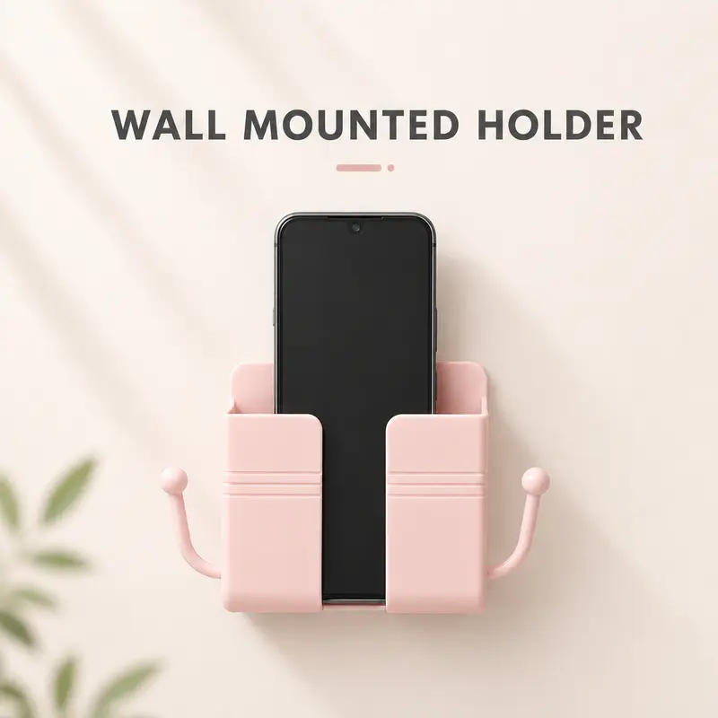 Premium Thickened ABS Material Pink Self-Adhesive Wall-Mounted Phone Caddy & Double Compartment Remote Organizer - No-Drill Stand for Dorm Residents, with Charging Slot, Holds Smartphone, TV/AC Remotes, Glasses, Keys, Bedroom Accessories