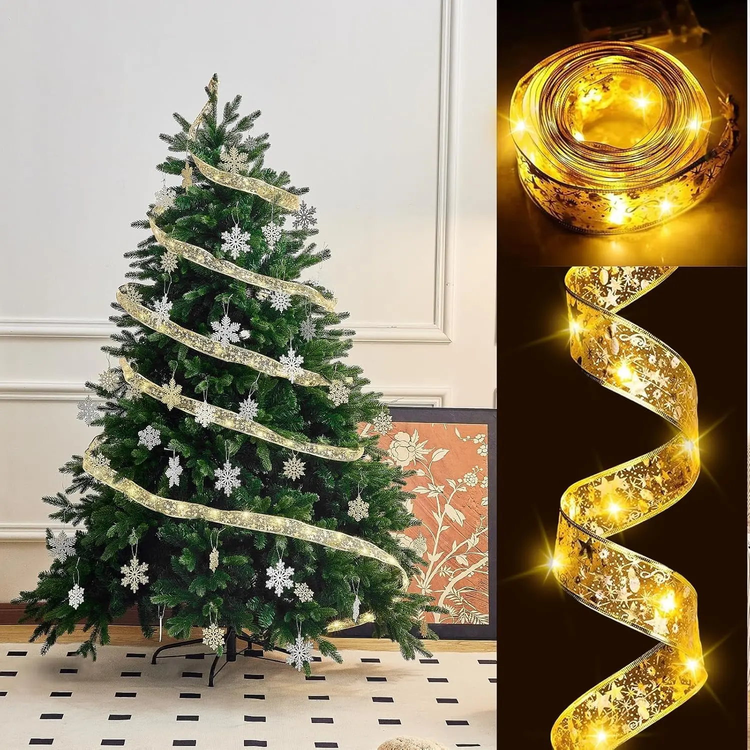 33ft Customizable Gold Christmas Ribbon LED Fairy Lights Set, 100-LED, USB A & Battery Powered, Low-Voltage Safe, Romantic Glow Ambient Mood Lighting, for Christmas Tree Ornaments, Tree Decor