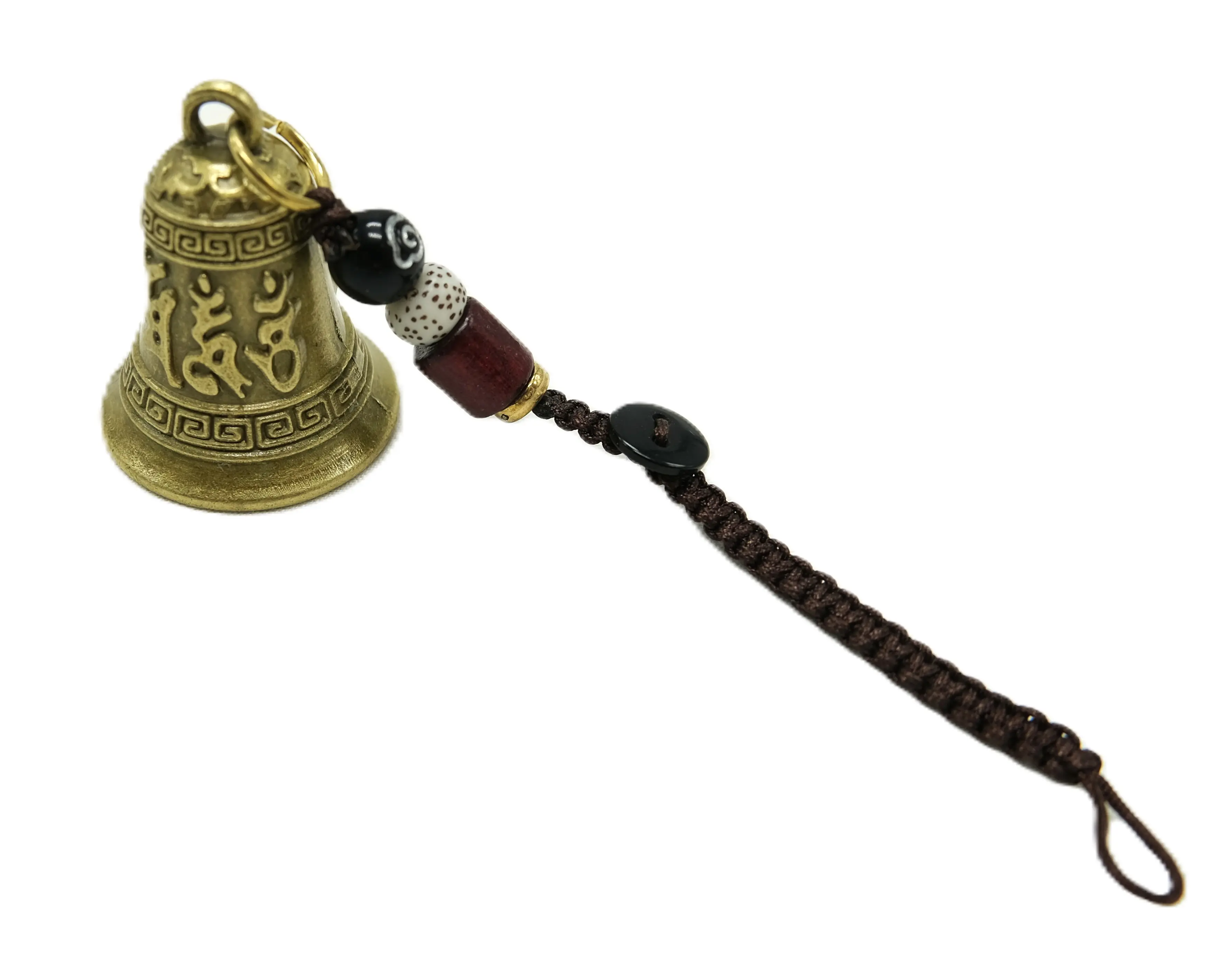 Small Metal Mantra Bell Keychain with Rope and Beads Decorative Accessory