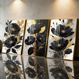 3Pcs Aluminum Alloy Framed Painting, Black And Gold Floral Art Picture, Home Decoration For Living Room, Bedroom, Office, Restaurant, Hallway Wall Decor, Odorless Print Artwork, Luxury Perfect Gift For Friends And Family