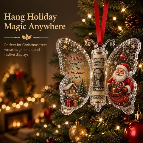 Christmas Cash Gift Ornament - Butterfly Money Holder with Acrylic (5Pcs/1 Set) Clear cash display with transparent holder, a creative Christmas gift idea for holiday tree hanging ornament decor (Peel Off Protective Film for Crystal Clear View)