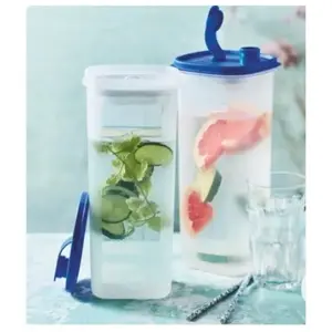 Slim Line 2-Piece 2L Reusable Space-Saver Hydration Fridge Bottles Set, Kitchen Drinkware Jugs with Blue Lids