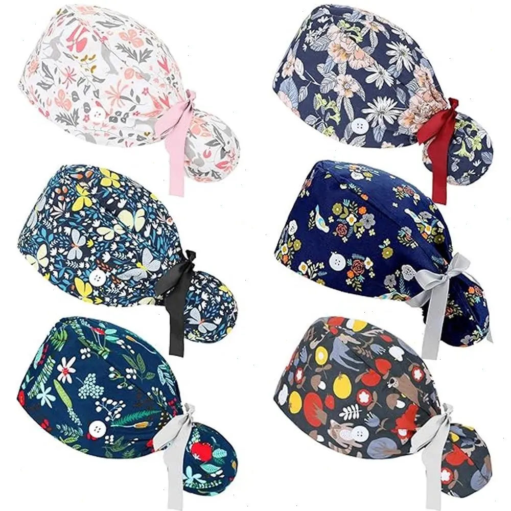 6 Pcs Scrub Caps Women Nursing Hats with Buttons Adjustable Bouffant Nurse Hats Ponytail Holder Bouffant