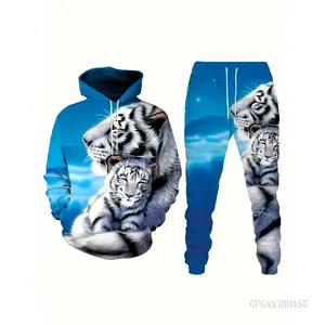 Men's Casual Tiger Print Men's Two-piece Casual Hooded Sweatshirt Long Sleeved Long Pants Set Suitable for Autumn And Winter Men's Wear
