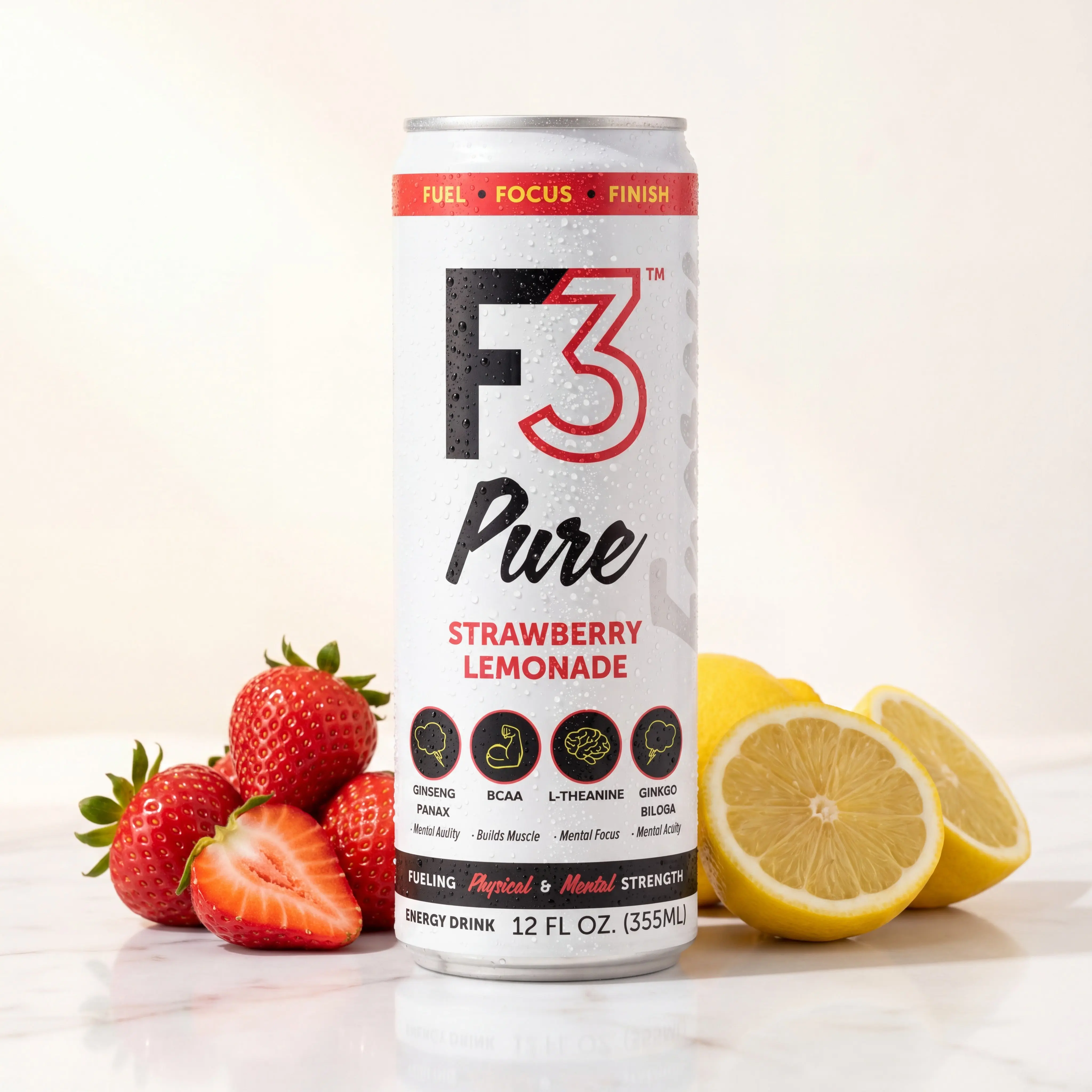 F3 PURE Strawberry Lemonade Energy Drink - 12 Pack, Clean Caffeine Sports Energy Beverage, Energy Boosters