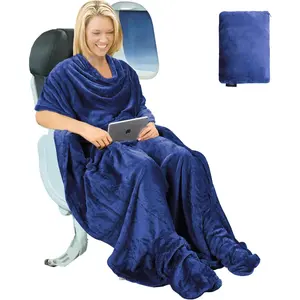 Travel Portable Blanket with  Pocket Airplane Office Poncho 4 in 1 Zippered Front Pocket  Cozy Fleece Blankets with Built-in Bag