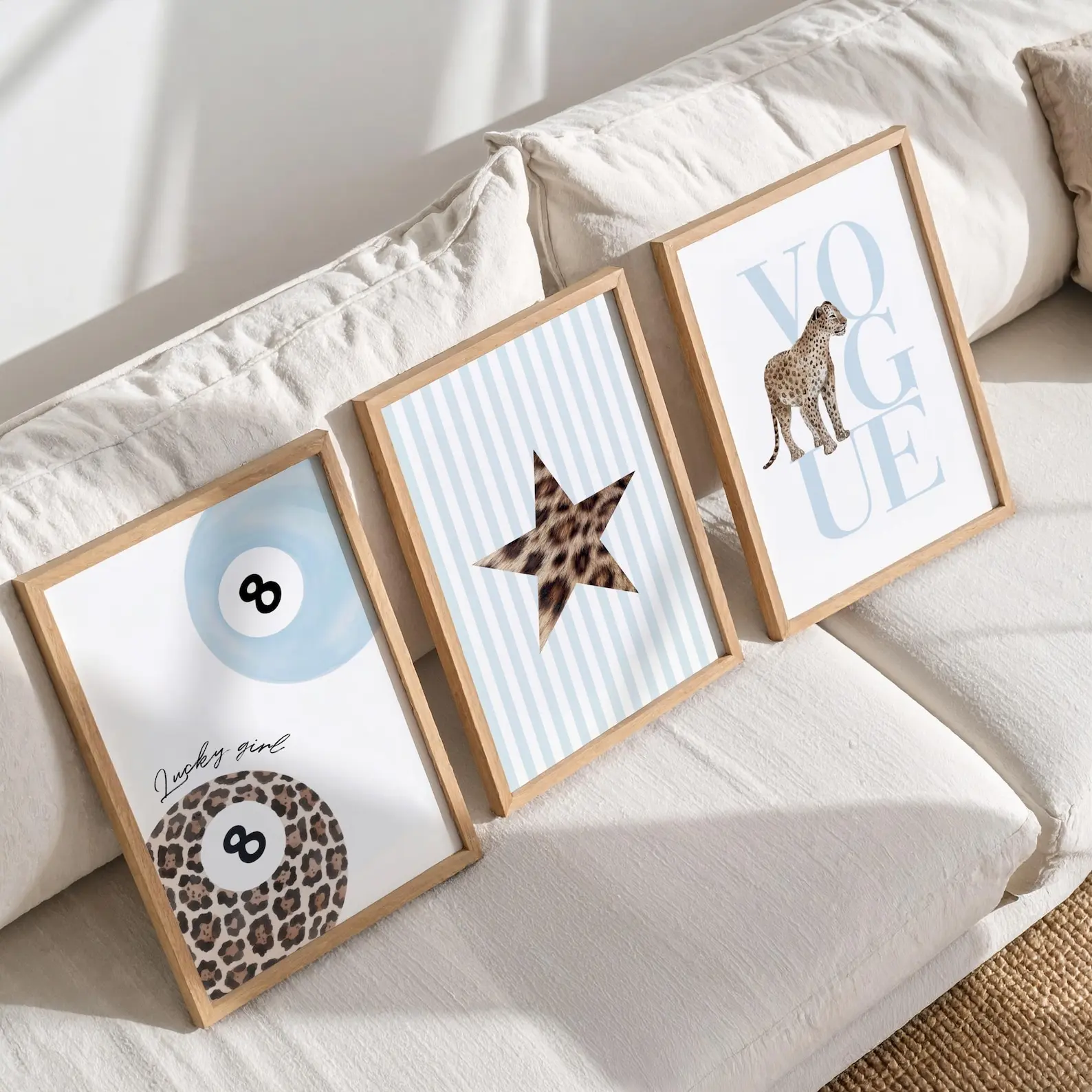 Blue Leopard Print Wall Art Set, Preppy 8 Ball Cheetah Dorm Decor (Digital Download)