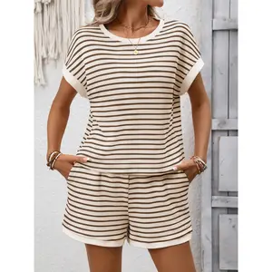 2026 Summer Women’s Two-Piece Set – Crewneck Short Sleeve Top & Shorts, Stylish Striped & Plaid Casual Outfit for Home, Fitness, and Daily Wear   women‘s Summer sets