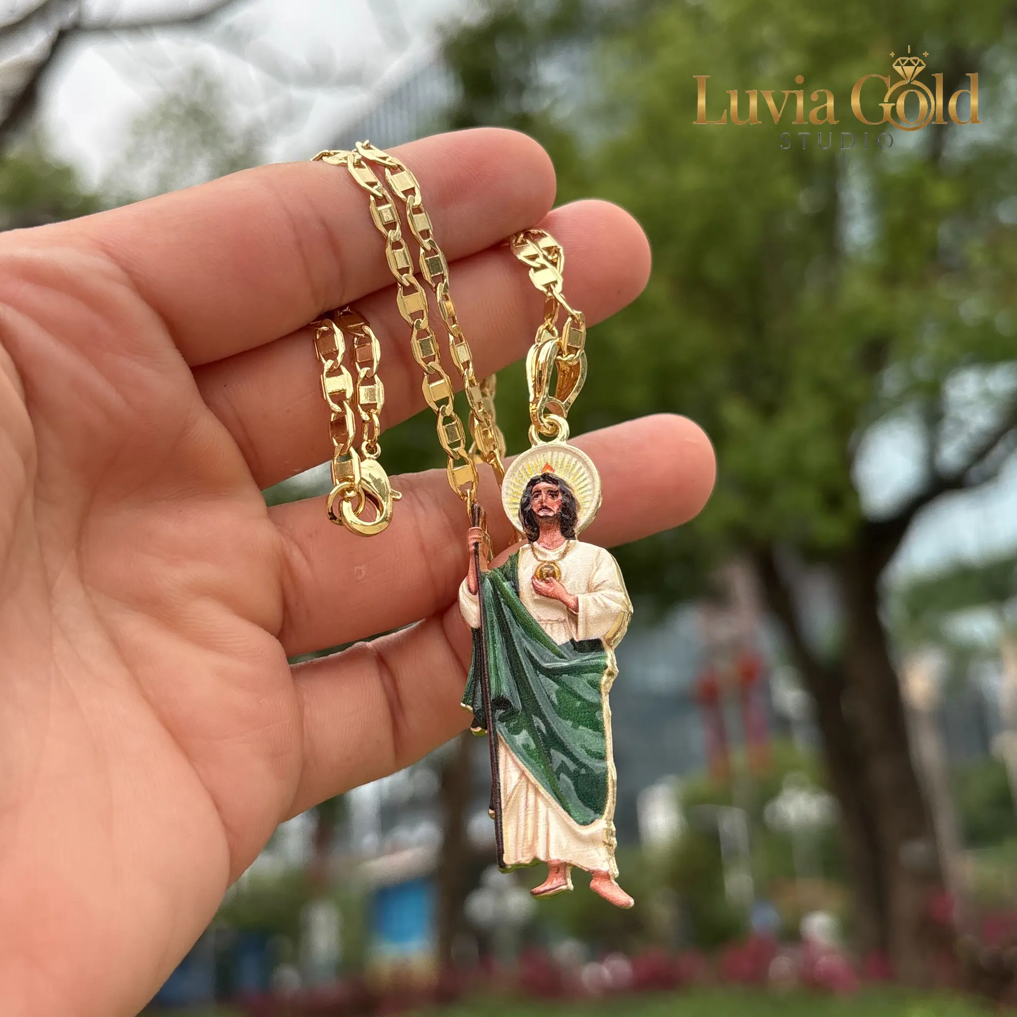 18 K Gold Plated San Judas Tadeo Necklace Colorful Enamel Saint Jude Pendant Inlaid with Cubic Zirconia Patron Saint of Miracles Protective Amulet Trendy Hip Hop Religious Catholic Jewelry Chain Gift for Men & Women Luvia Gold Studio