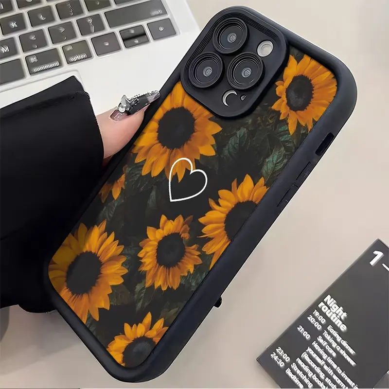 Black Tall Bamboo Summer Vintage Artistic Sunflower Heart Pattern Smartphone Casing, Compatible with iPhone 17 16 16E 15 14 13 13mini 12 12mini 11 X XS XSMAX, Stylish Handheld Cellphone Device Accessory for Fashion Enthusiasts, Ideal Birthday Gift